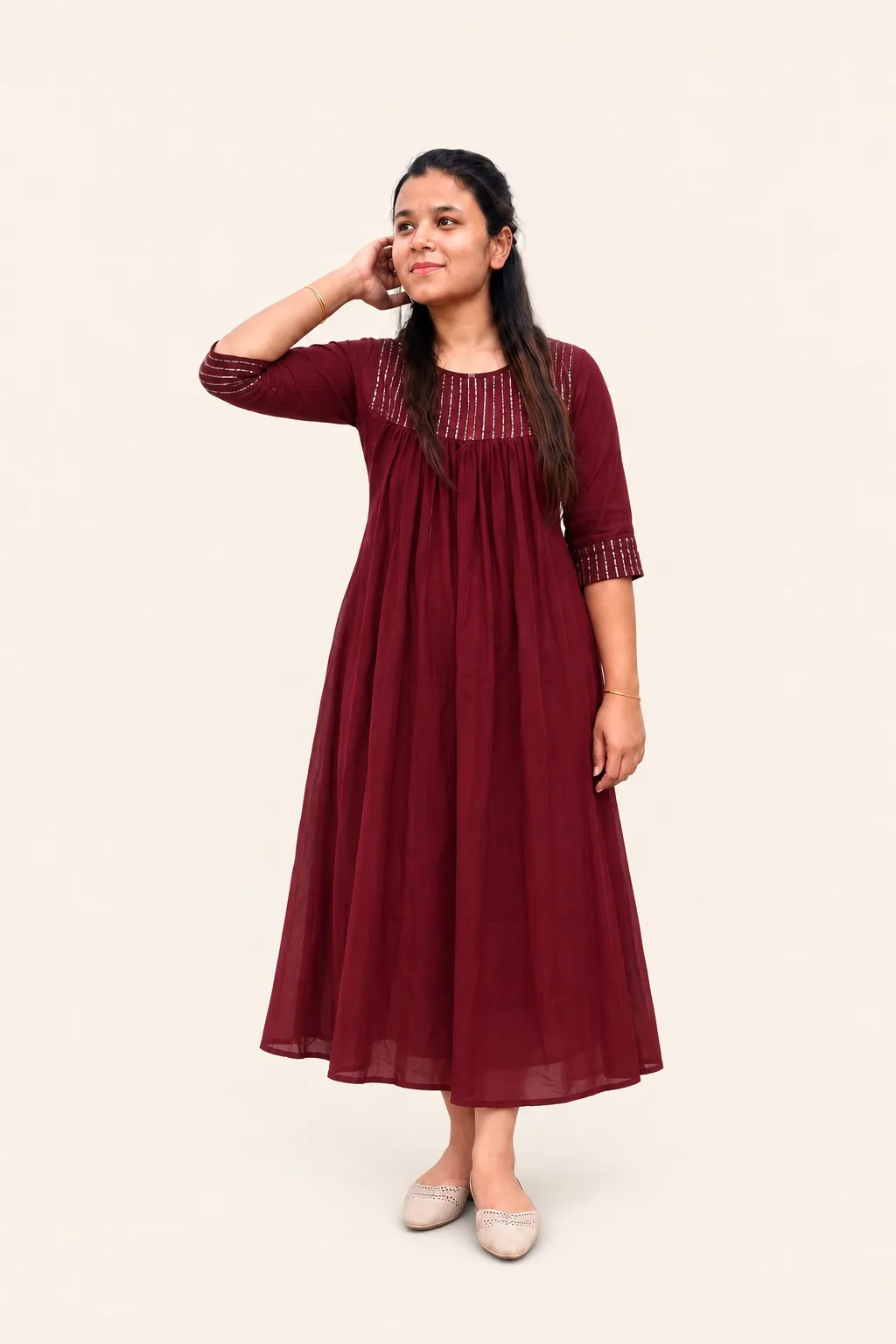 Wine Pleated Flared Kurti