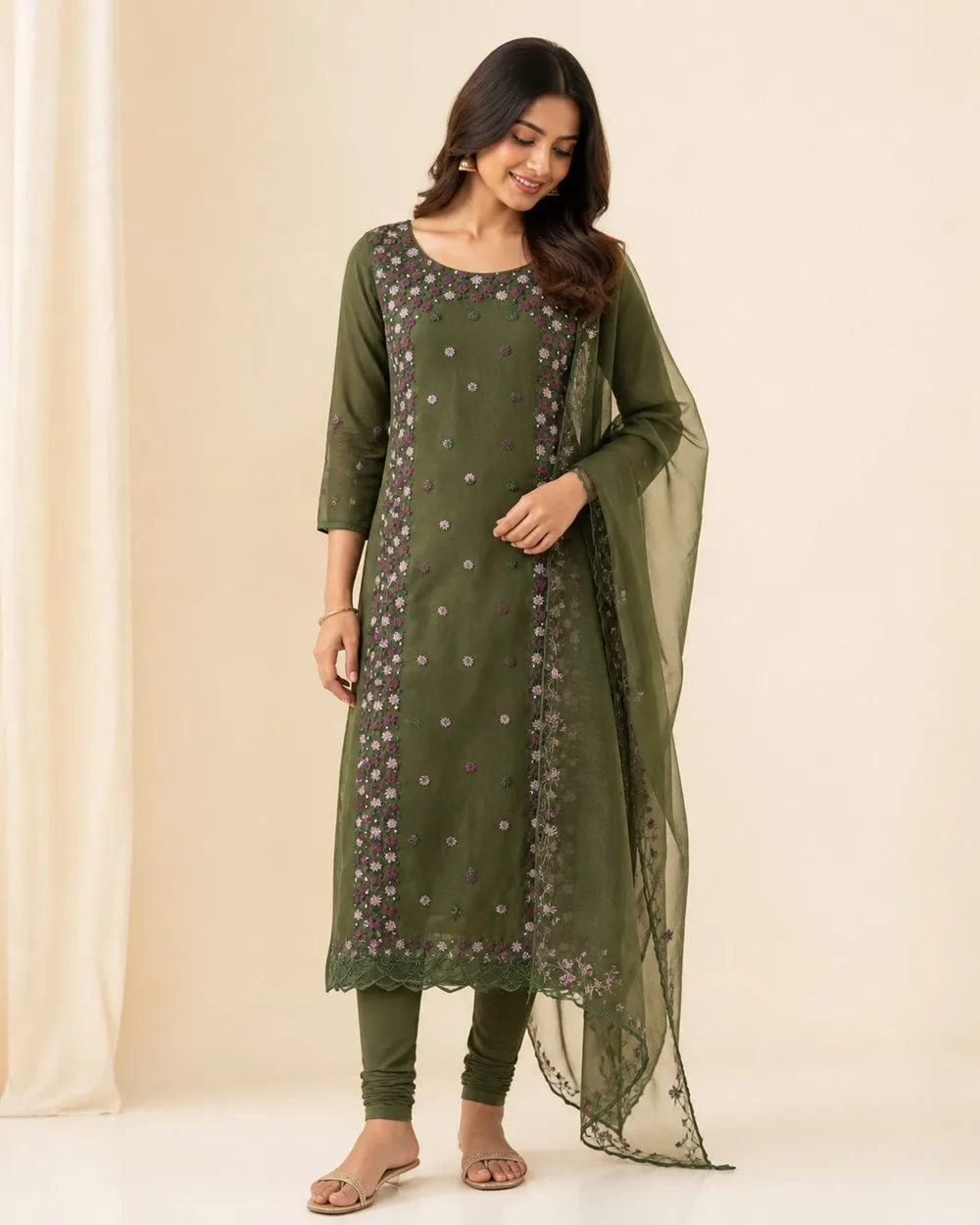 Rosewood Garden Churidar Fabric - Olive Rose photo 2
