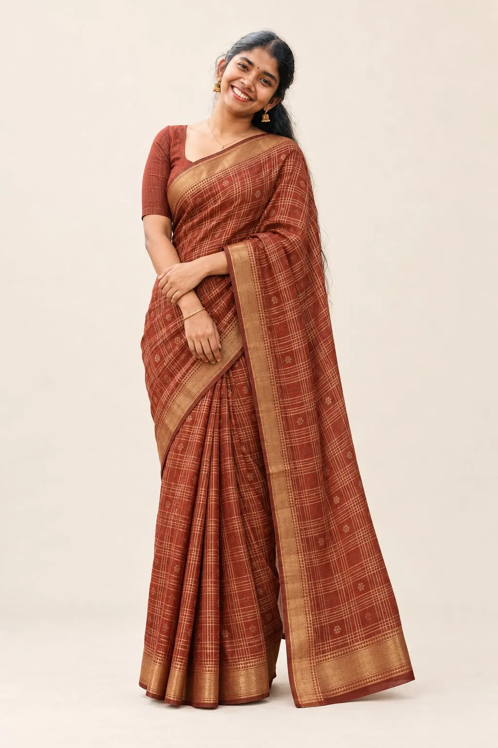 Rust Grid Classic Saree