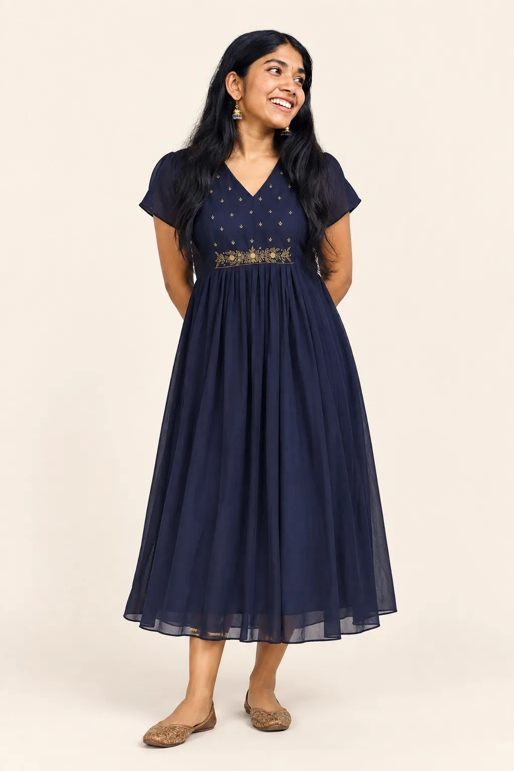 Navy Gathered Midi Kurti
