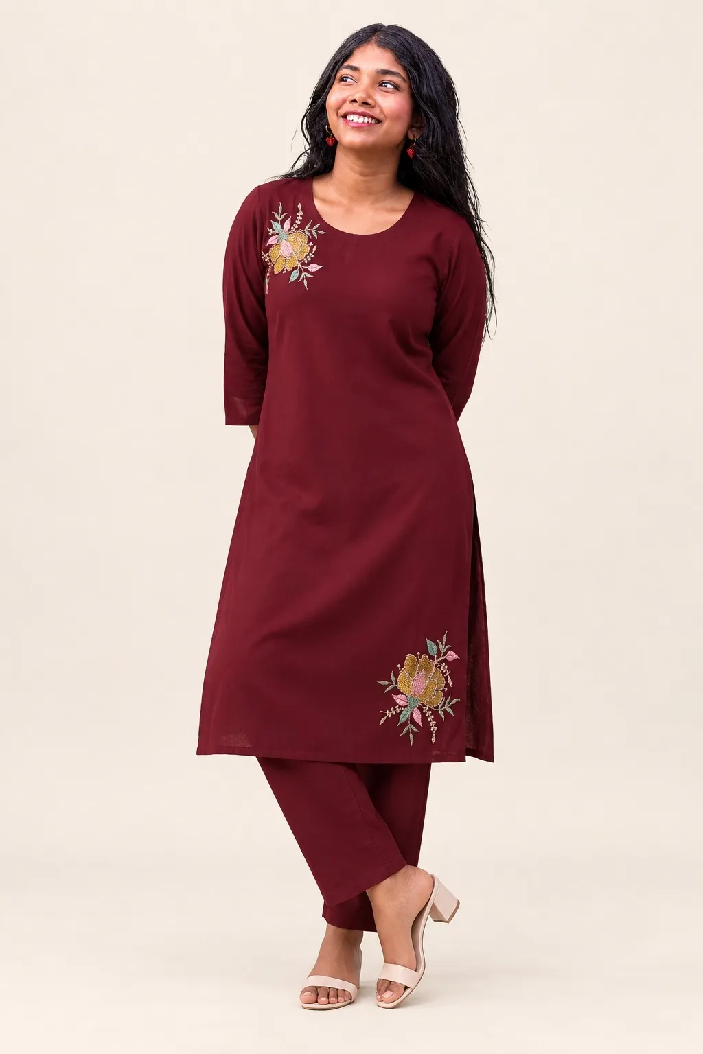 Wine Embroidered Floral Kurta