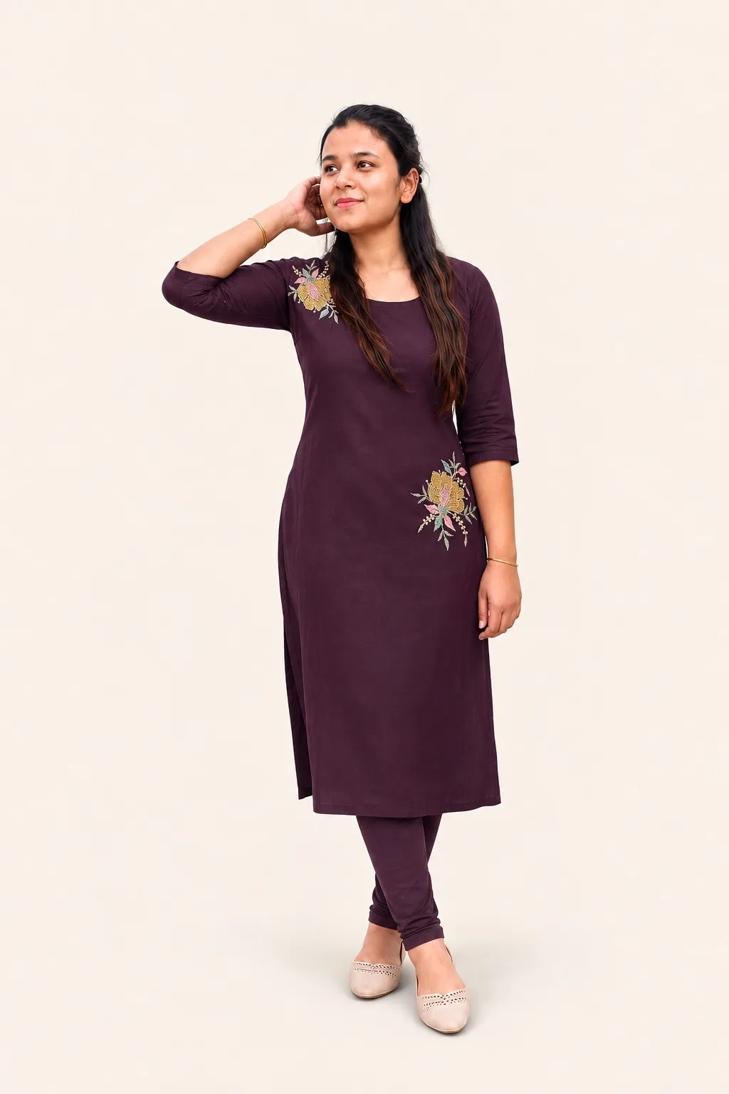Plum Embroidered Floral Kurta