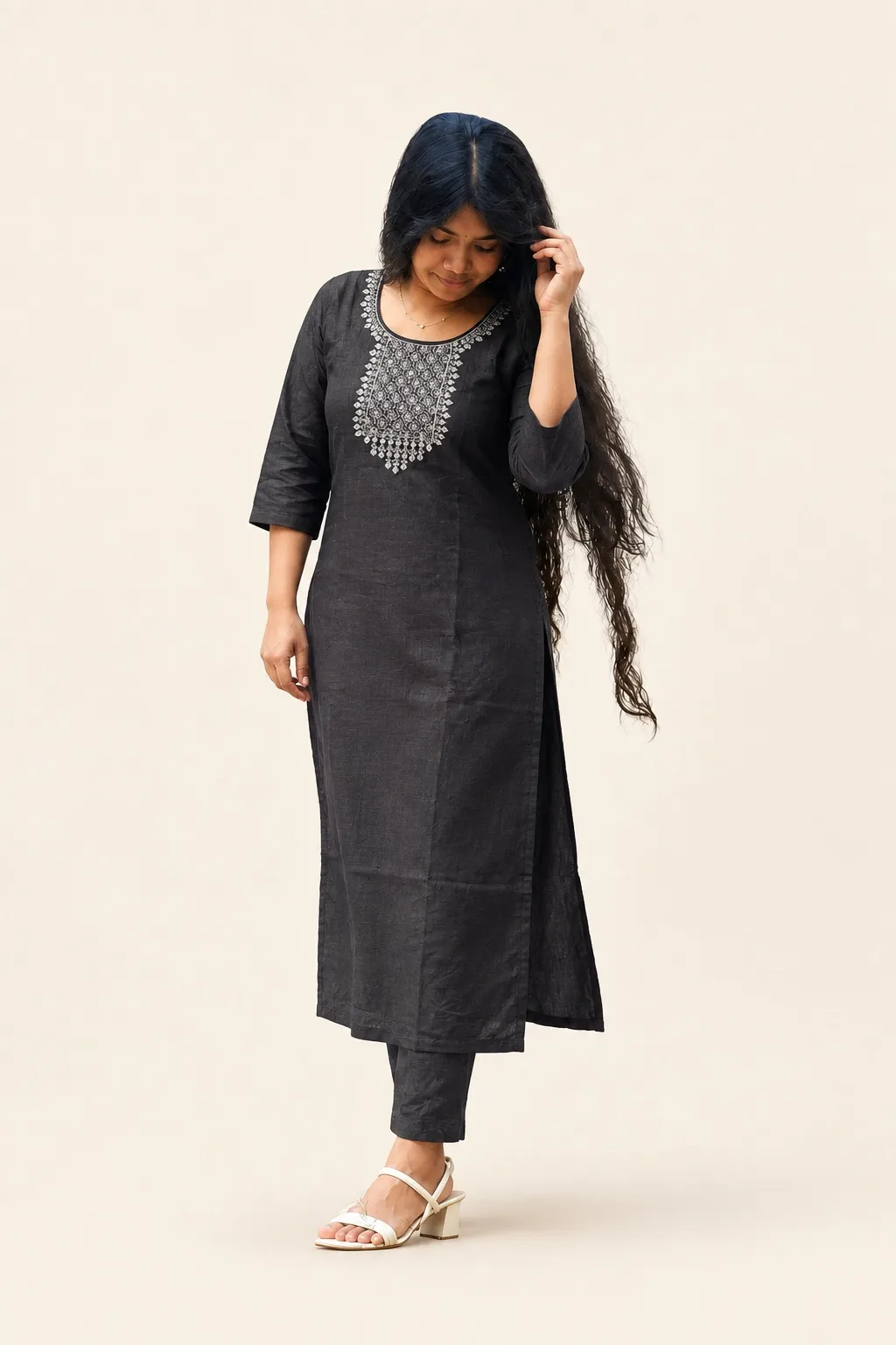 Charcoal Embroidered Straight Kurti