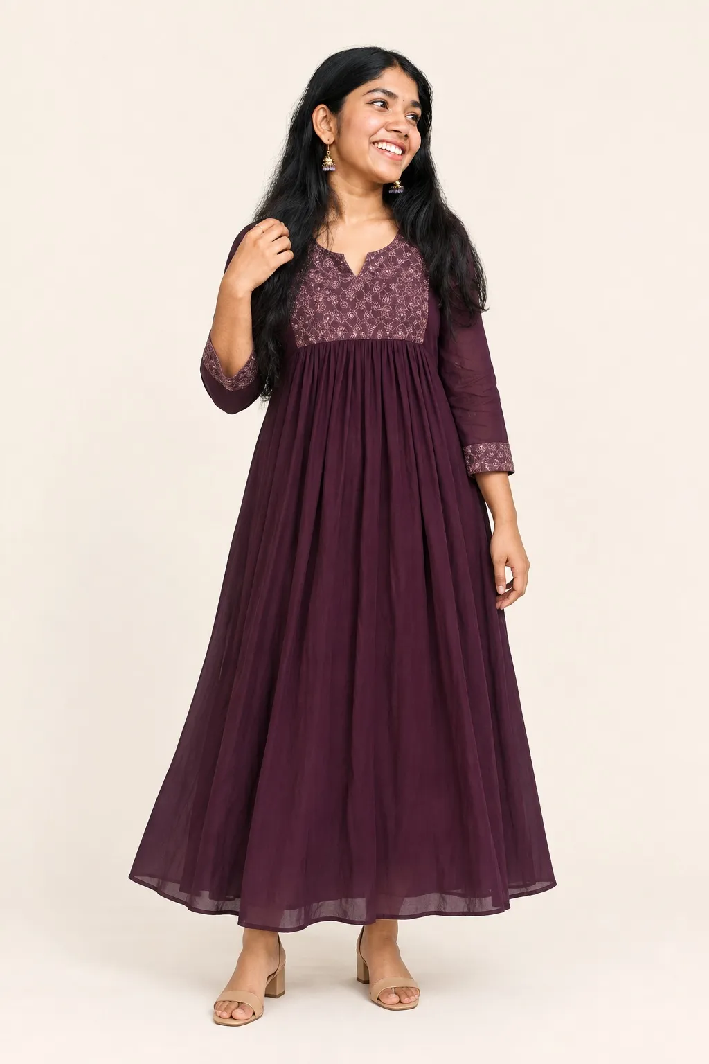 Plum Embellished Flared Kurti