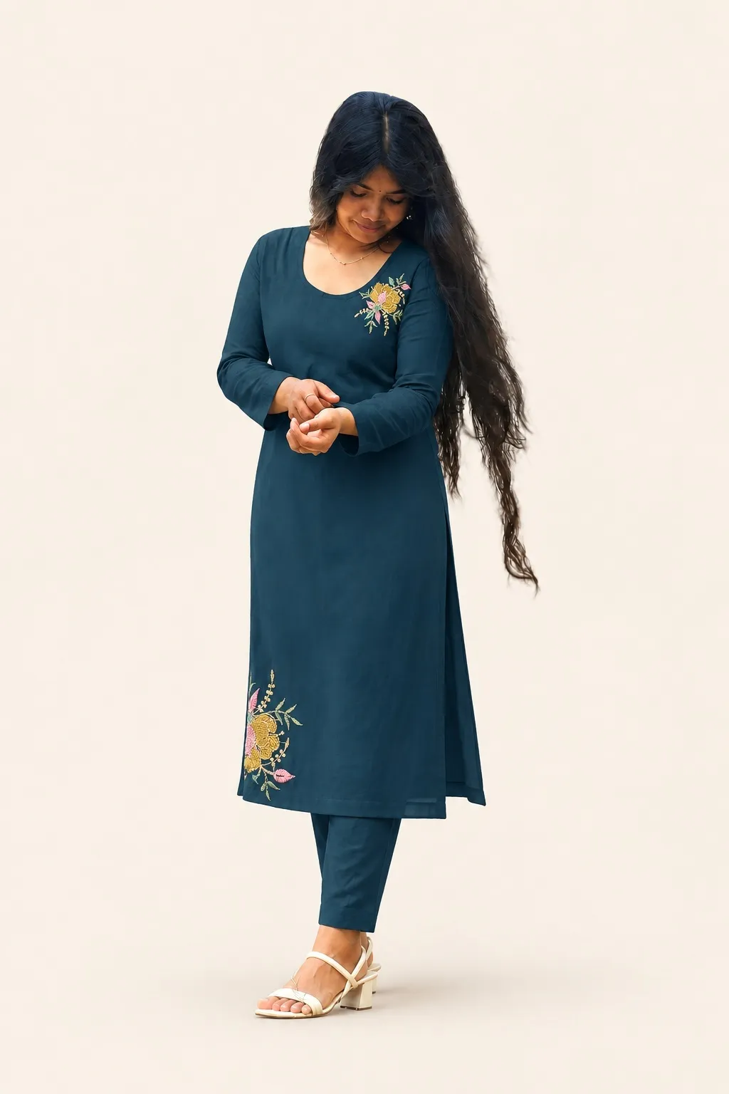 Deep Teal Embroidered Floral Kurta