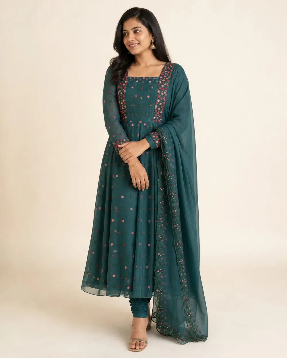 Rosewood Garden Churidar Fabric - Teal Coral photo 2