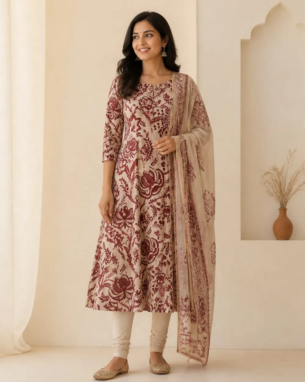 Heritage  Churidar Fabric - Ivory Maroon photo 2