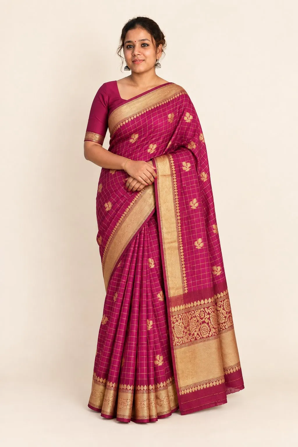 Magenta Temple Checks Saree